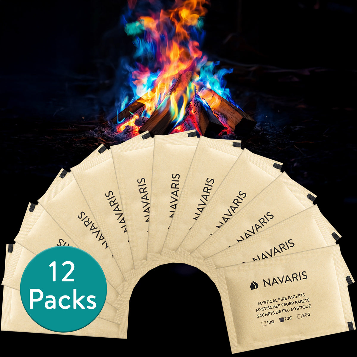 Navaris Feuerfarben Pulver - Buntes Feuer für Lagerfeuer - 20g 12er-Pack - Einfach zu Verwenden - Feuerpulver Bunt für Feuerschale - Buntes Feuer