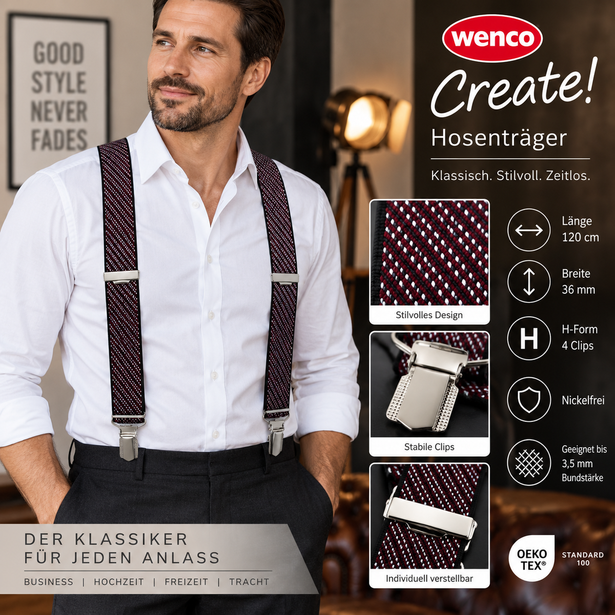 Wenco Create! Hosenträger – Bordeaux gemustert, 120 cm