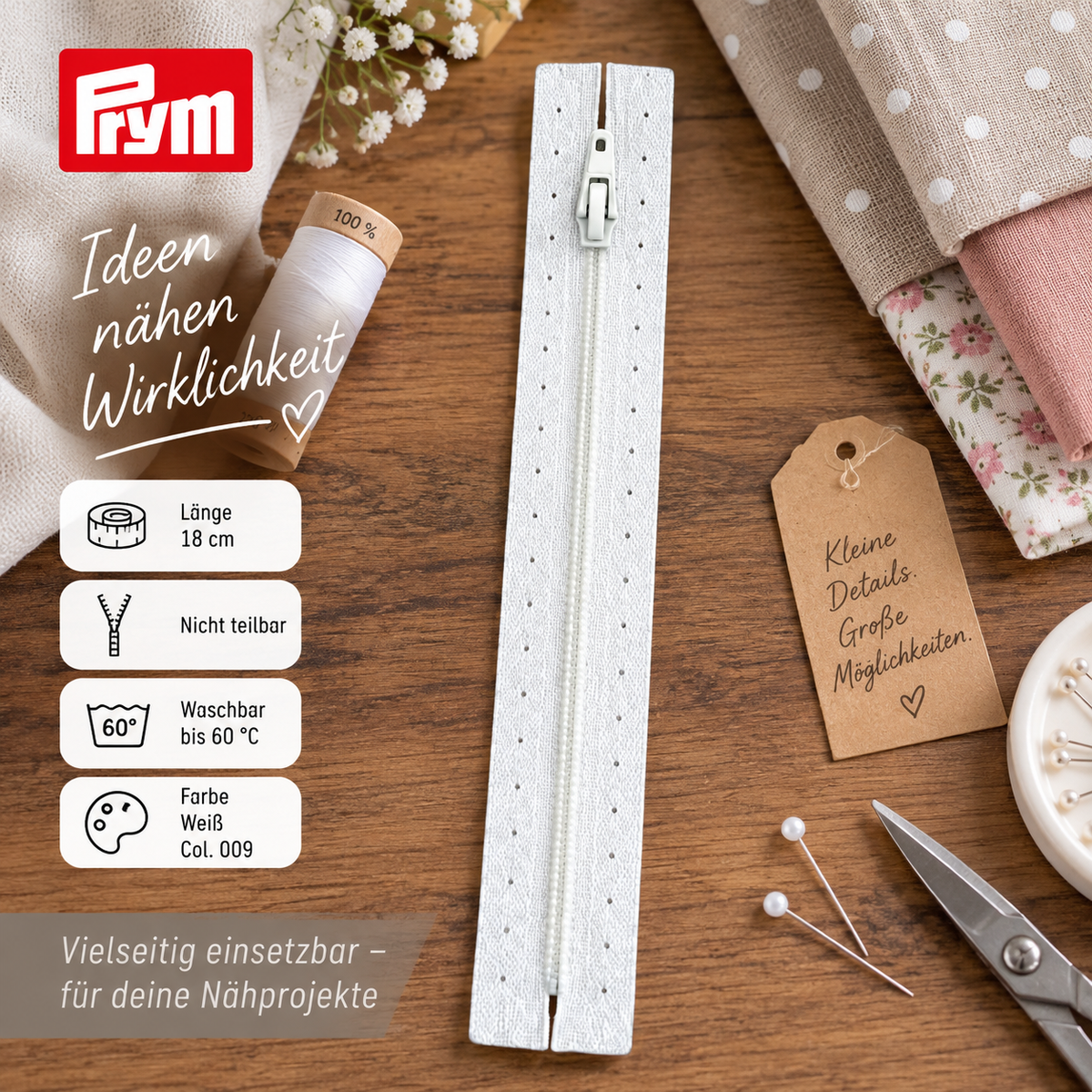Prym Reißverschluss 18 cm Weiß S1 nicht teilbar Col. 009 Nähen