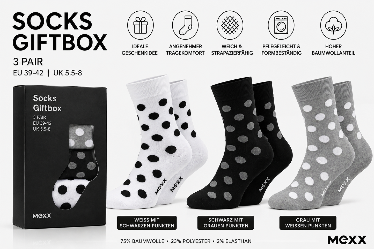 MEXX Damen Socken 3 Paar Gr. 39-42 Giftbox Punkte Schwarz Grau Weiß Geschenk