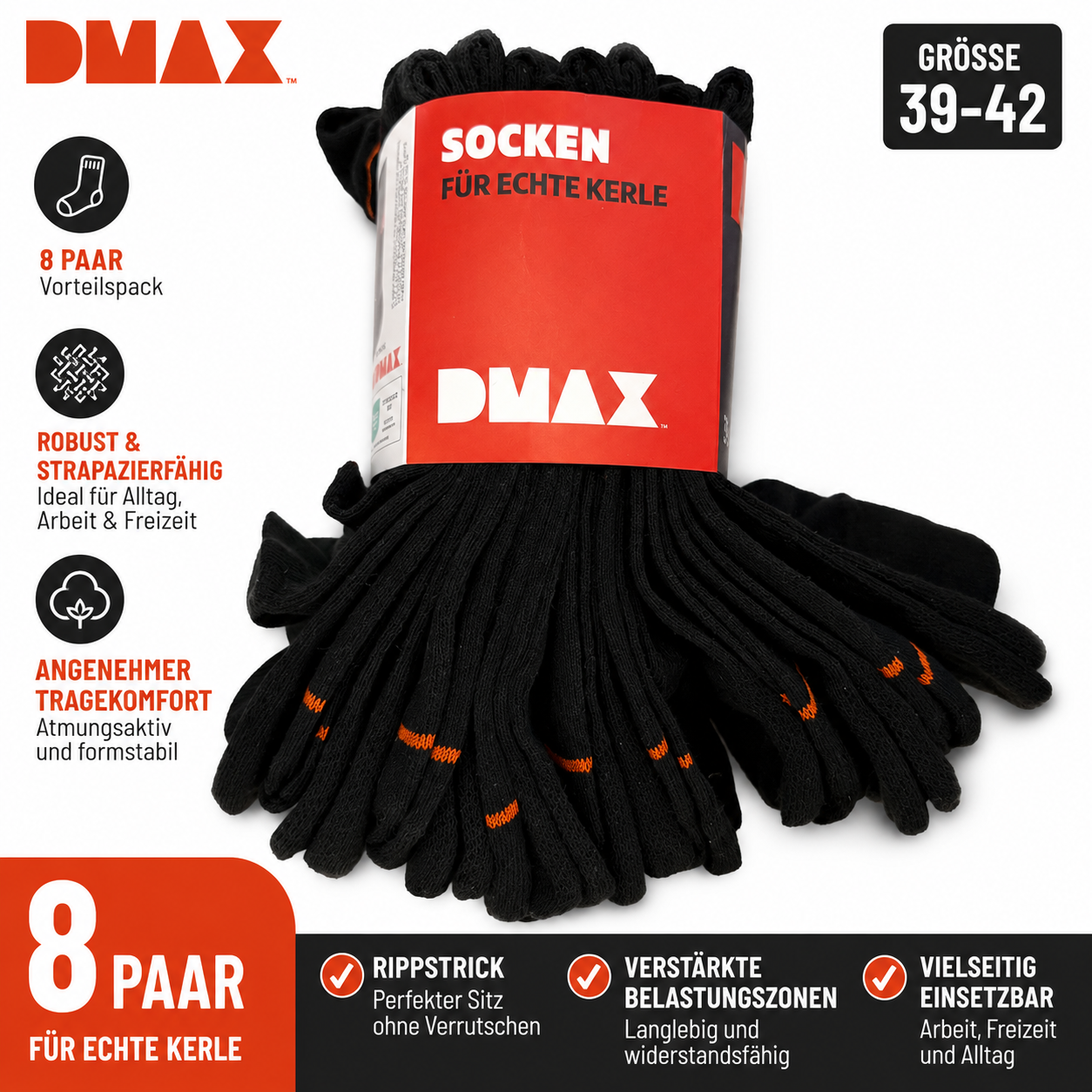 DMAX 8 Paar Herren Socken Gr. 39-42 Schwarz Arbeitssocken Für echte Kerle