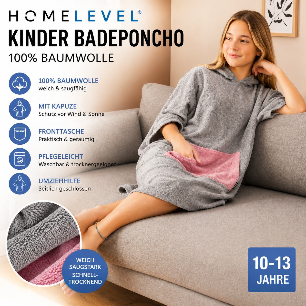 HOMELEVEL Kinder Badeponcho 10-13 Jahre 100% Baumwolle Kapuze Surfponcho