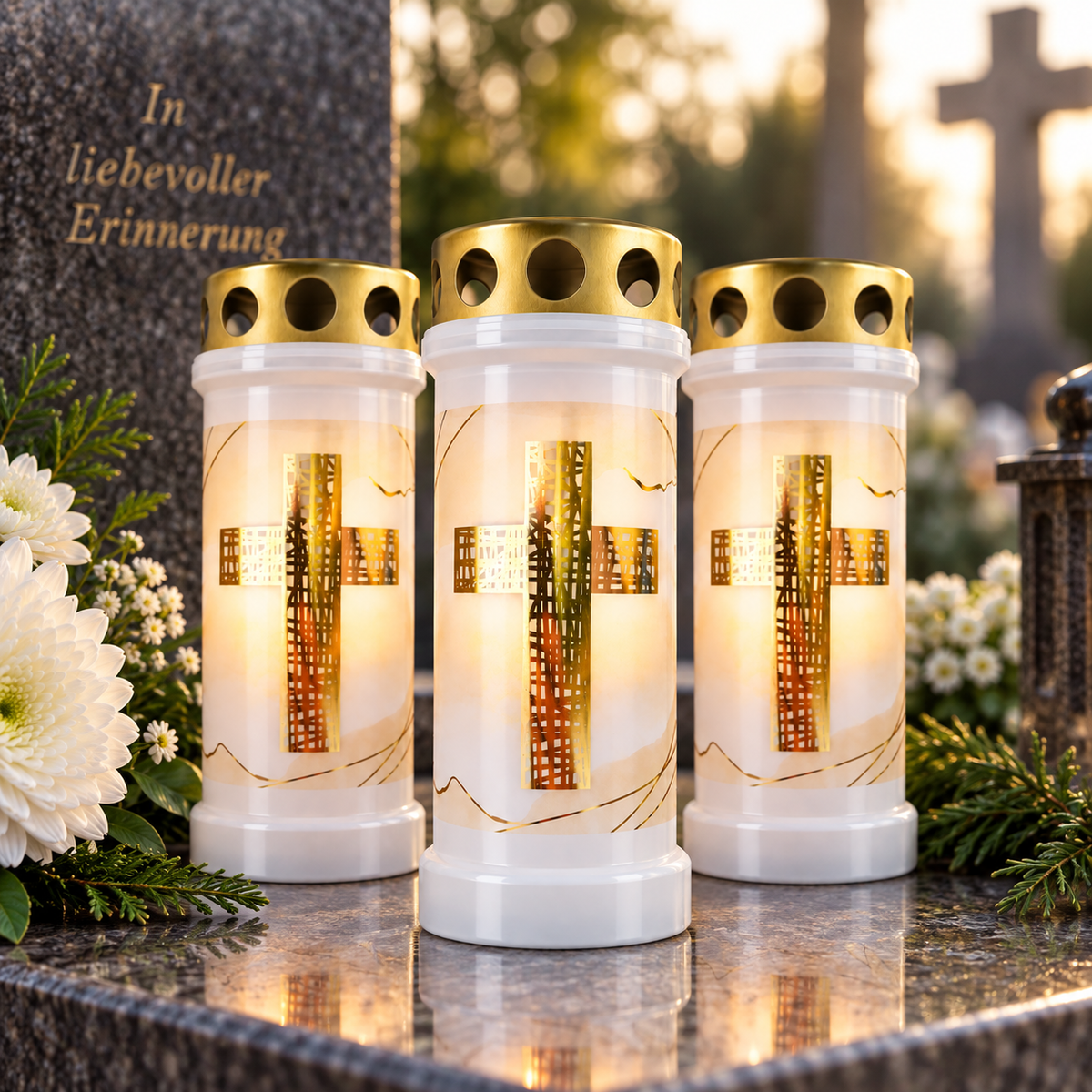 Bolsius Grablicht Nr. 6 Kreuz 3er Set Grabkerzen 70h Weiß mit Deckel