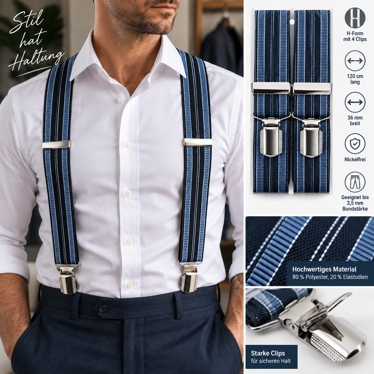 Wenco Hosenträger Herren Blau Gestreift 120cm 36mm 4 Clips H-Form