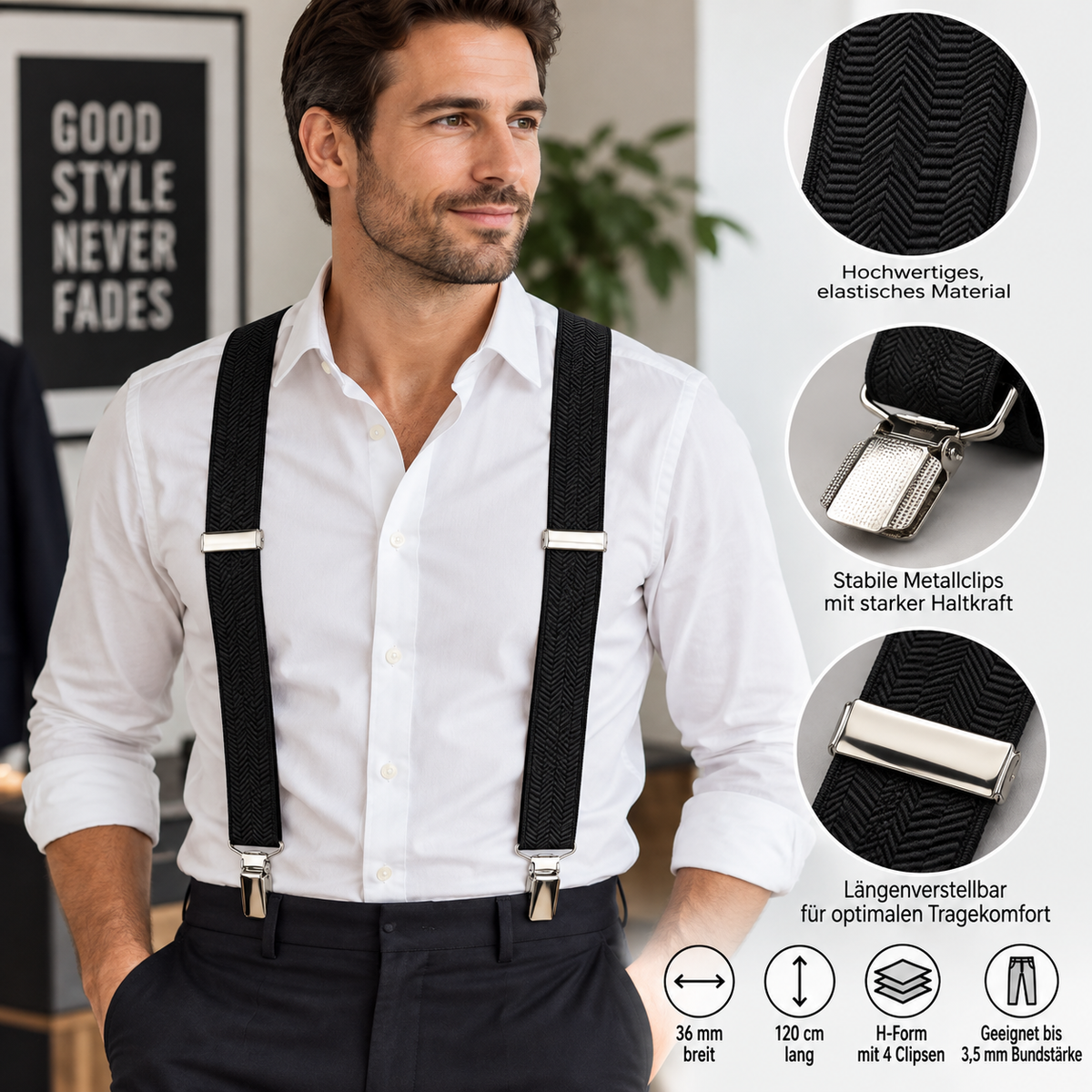 Wenco Create! Hosenträger – Schwarz mit Fischgrätmuster, 120 cm