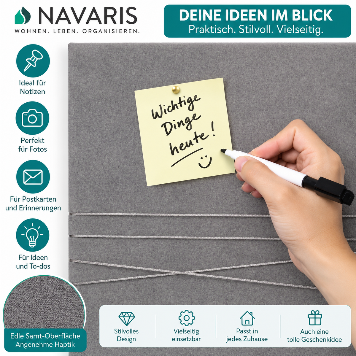 Navaris Pinnwand 70x50 cm Grau Samt Fotowand Memoboard Bilderwand mit Pins
