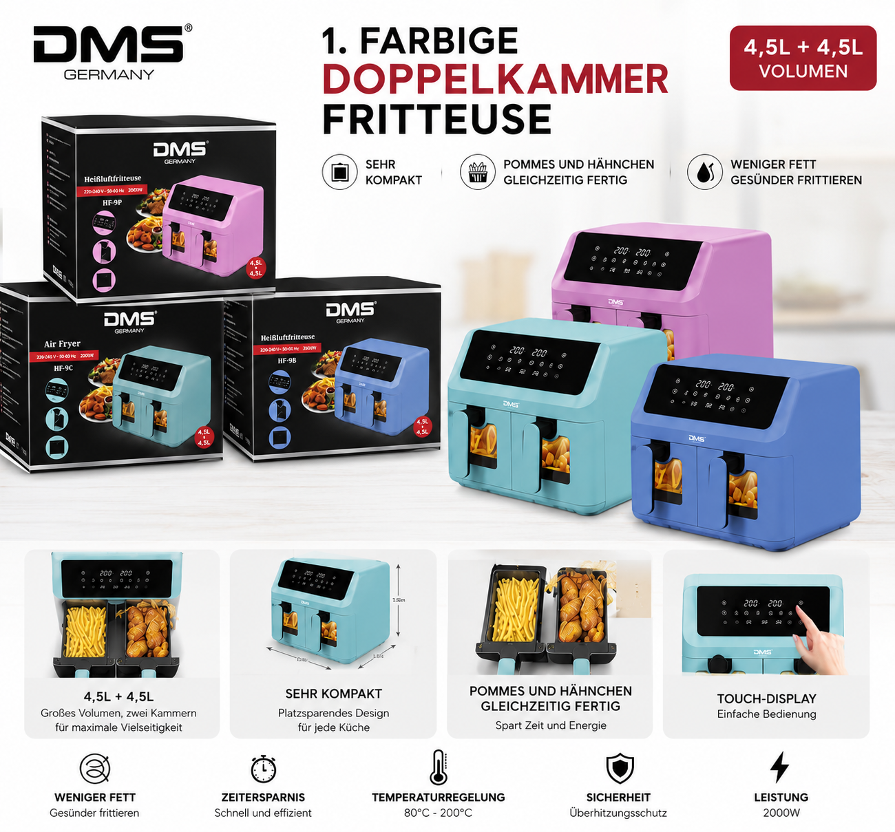 DMS Heißluftfritteuse 9L Dual Zone Doppelkammer 2000W Air Fryer Touch