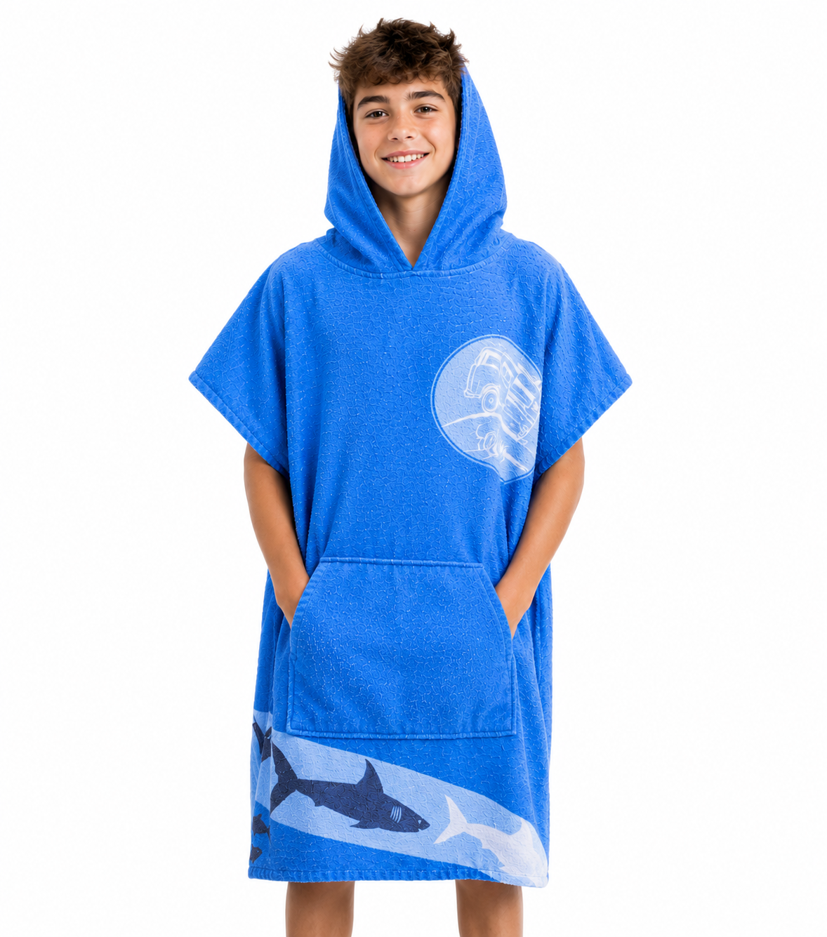 Homelevel Kinder Badeponcho mit Kapuze 10-13 Jahre Baumwolle Blau Strand Schwimmbad