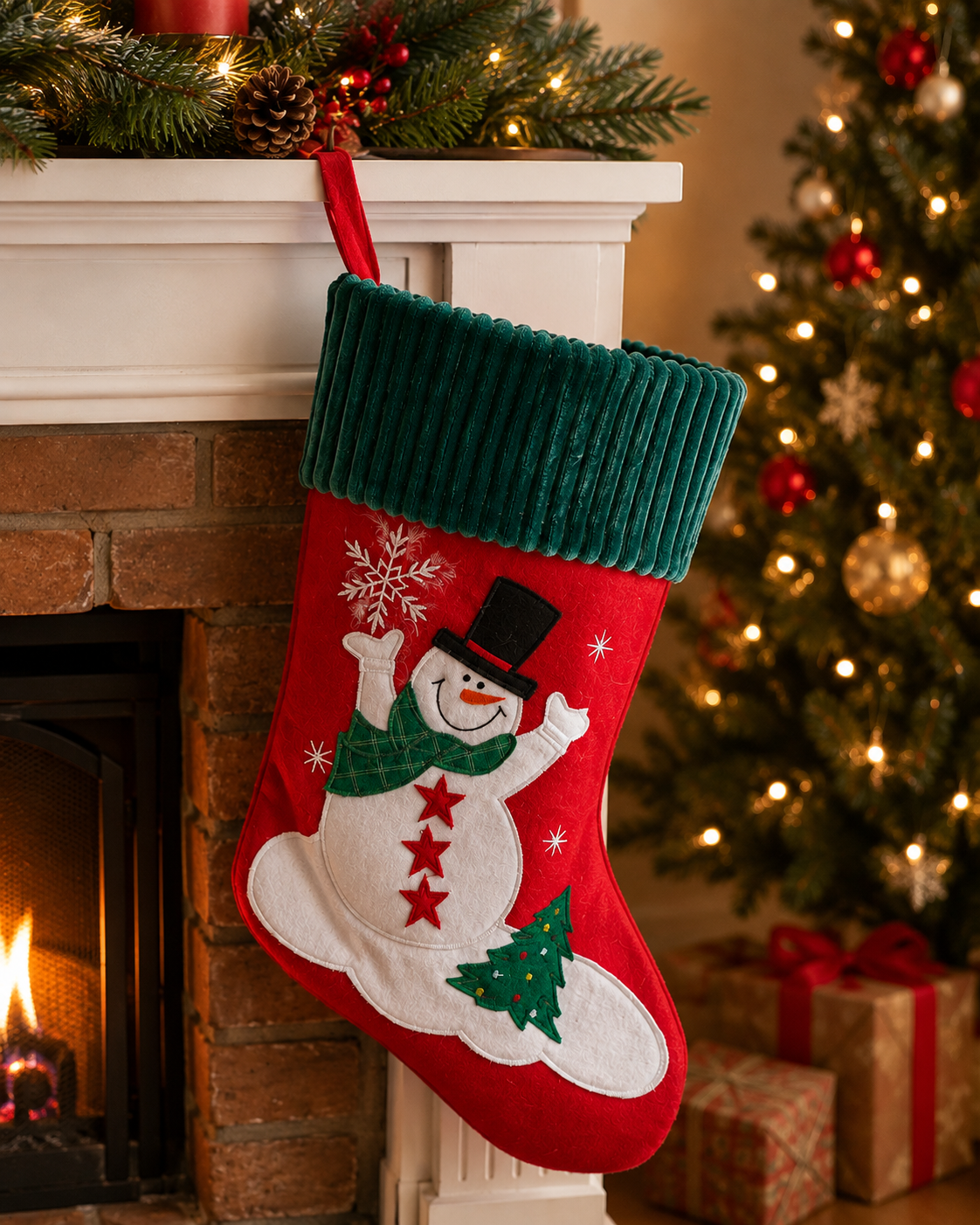 HEITMANN DECO Weihnachtsstrumpf Schneemann Rot Grün Nikolausstiefel zum Befüllen