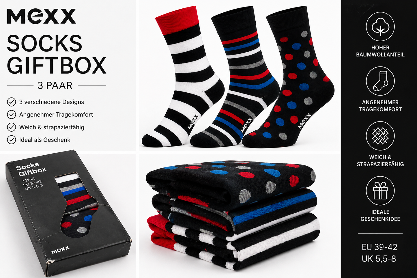 MEXX Damen Socken 3 Paar Gr. 39-42 Giftbox Geschenkbox Punkte Streifen