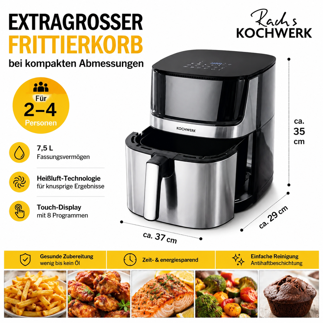 Rachs KOCHWERK Heißluft-Fritteuse 7,5l Airfryer Digital Touchscreen 10 Programme
