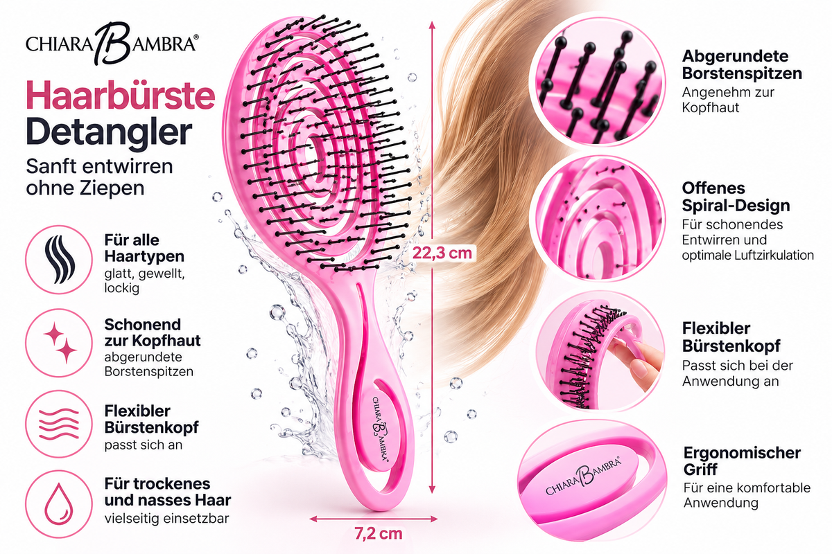 CHIARA AMBRA Haarbürste Rosa Entwirrbürste Detangler Massagebürste Styling