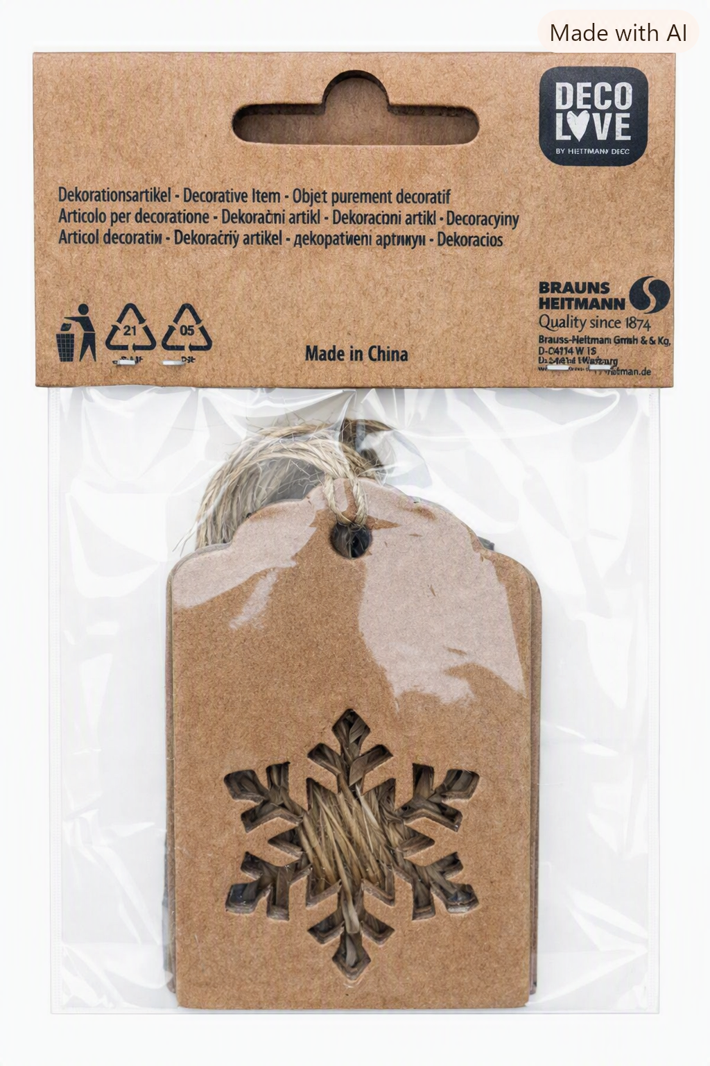 HEITMANN DECO LOVE 8 Geschenkanhänger Weihnachten Schneeflocke Kraftpapier Jute