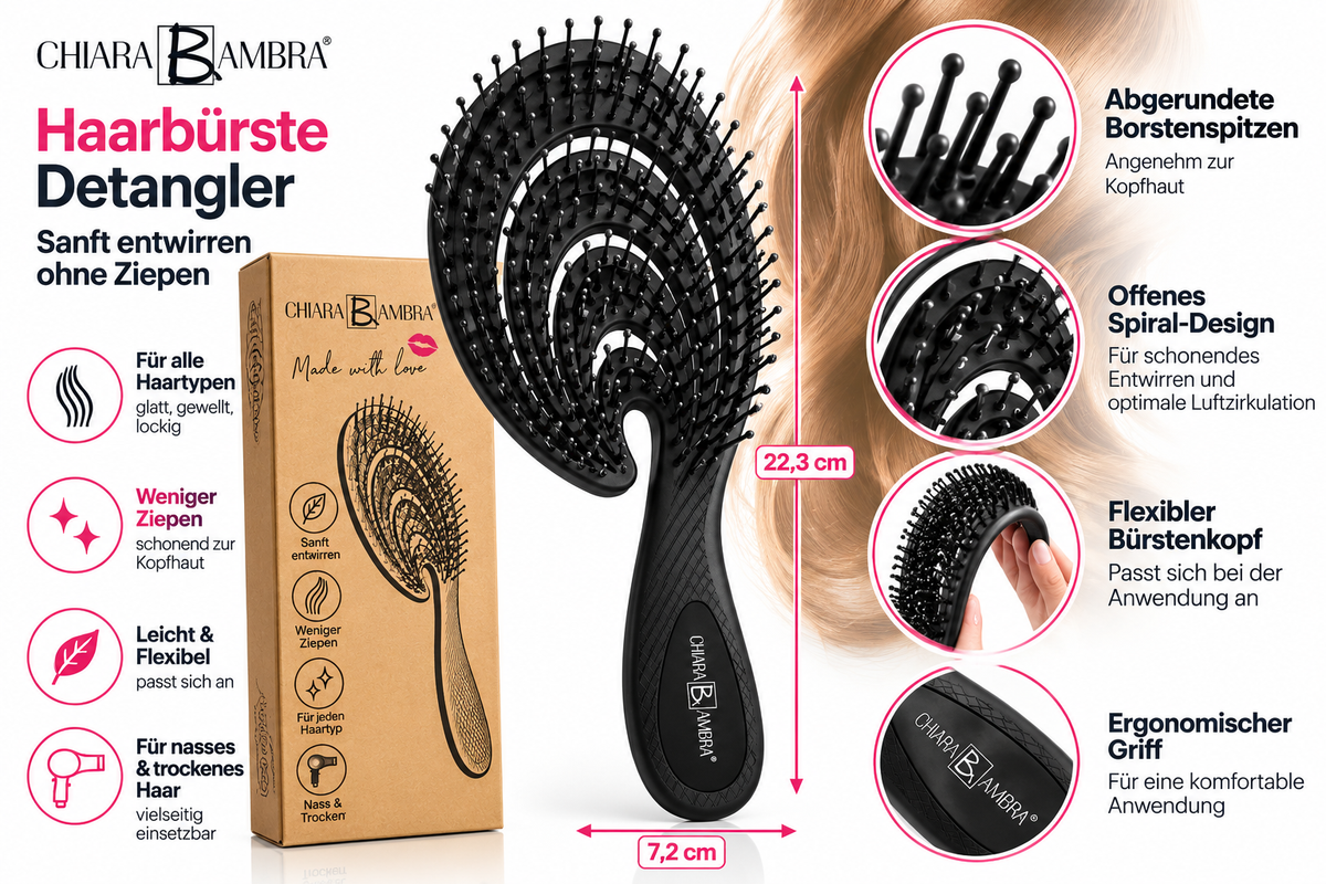 CHIARA AMBRA Haarbürste Schwarz Entwirrbürste Detangler Massagebürste Styling
