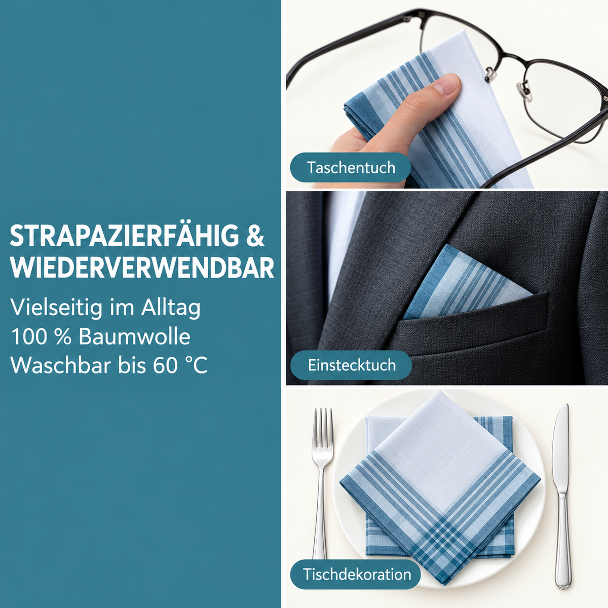 JEMIDI 12 Herren Stofftaschentücher 100% Baumwolle 40x40 cm Taschentücher Set