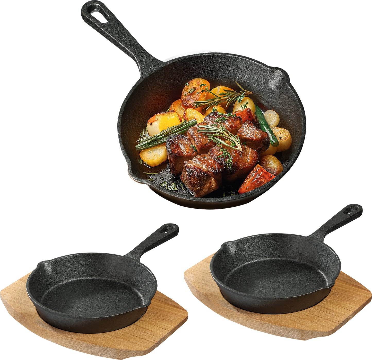 Navaris 2er Set Pfanne Gusseisen - Mit Holzboden - 15 cm Durchmesser - beschichtete Gusseiserne