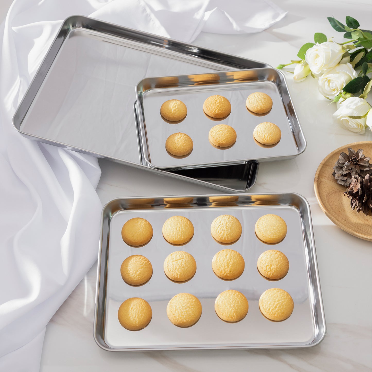 Navaris Edelstahl Auflaufformen 3er Set - Stabiles Backblech - leichte Reinigung - Bräter für Backofen - Grillschale - Ofenform - Edelstahlwanne -