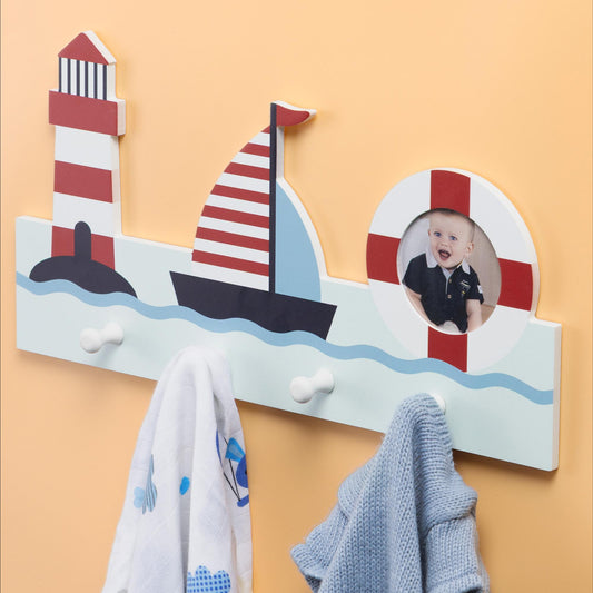 Navaris Kindergarderobe Segelboot 4 Haken Kinder Wandgarderobe MDF mit Fotofach