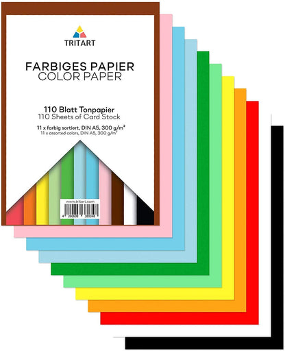 TRITART Fotokarton A5 300g/m² 110 Blatt 11 Farben Bastelpapier Tonkarton