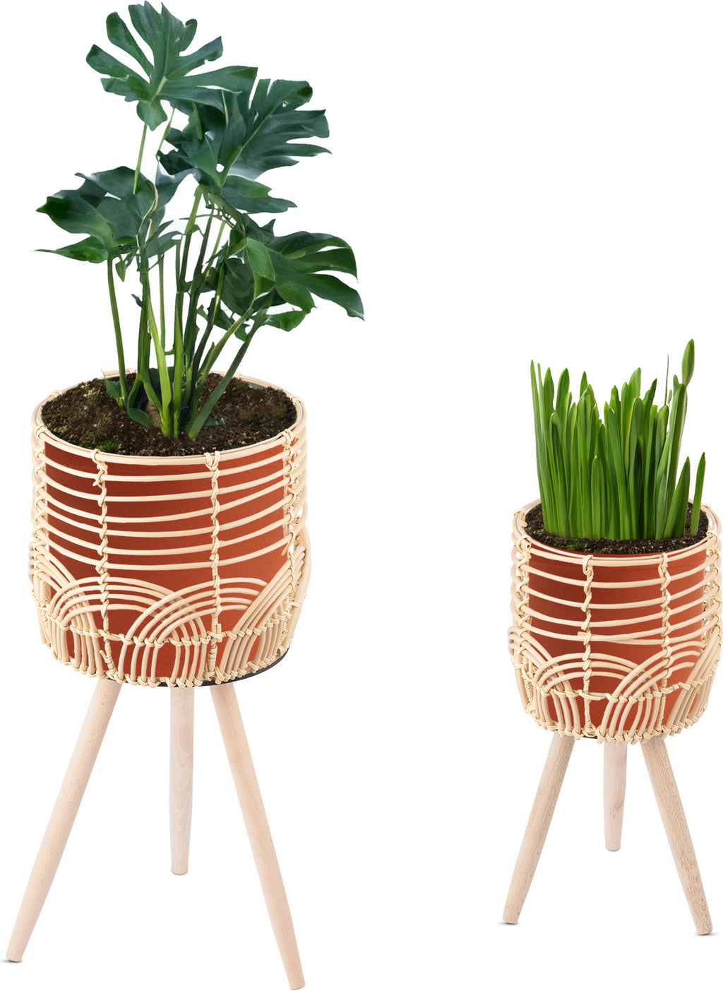 Navaris 2x Blumentopf mit Ständer im Rattan Look - Boho Blumentopf geflochten - Pflanzen Hocker im Korb Design - Blumentopfständer mit Beinen aus Holz