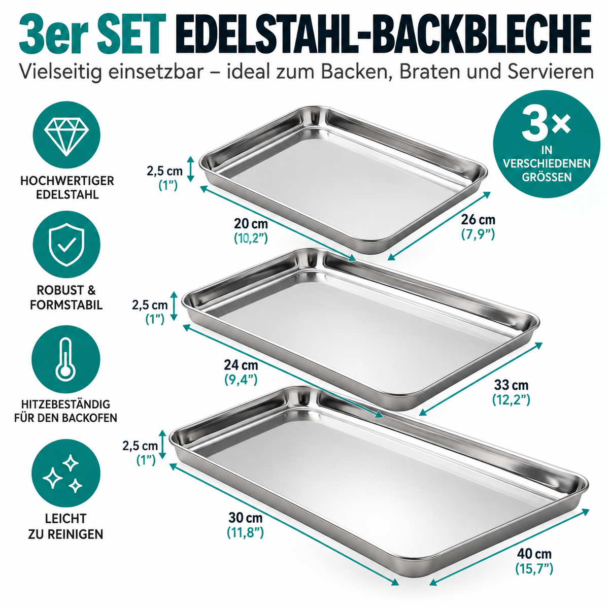 Navaris Edelstahl Backblech 3er Set Auflaufformen Ofenbleche Backformen