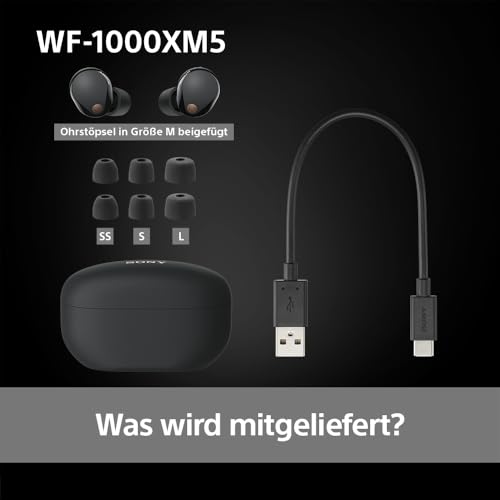 Sony WF-1000XM5 kabellose Noise-Cancelling-Kopfhörer Bluetooth, In-Ear-Kopfhörer mit Mikrofon, bis zu 24 Stunden Akkulaufzeit, Schnellladefunktion, IPX4-Schutz, kompatibel mit iOS & Android – Farbe: Schwarz, Größe: Small.