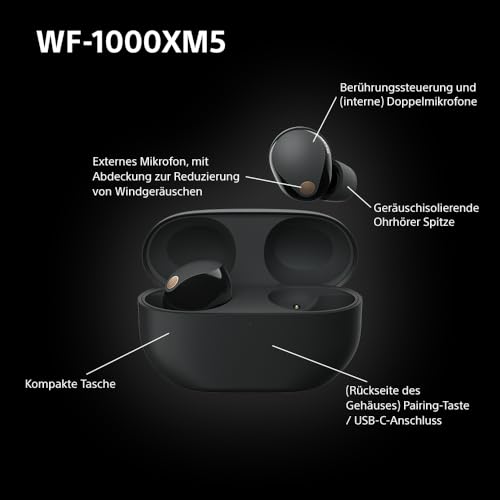 Sony WF-1000XM5 kabellose Noise-Cancelling-Kopfhörer Bluetooth, In-Ear-Kopfhörer mit Mikrofon, bis zu 24 Stunden Akkulaufzeit, Schnellladefunktion, IPX4-Schutz, kompatibel mit iOS & Android – Farbe: Schwarz, Größe: Small.