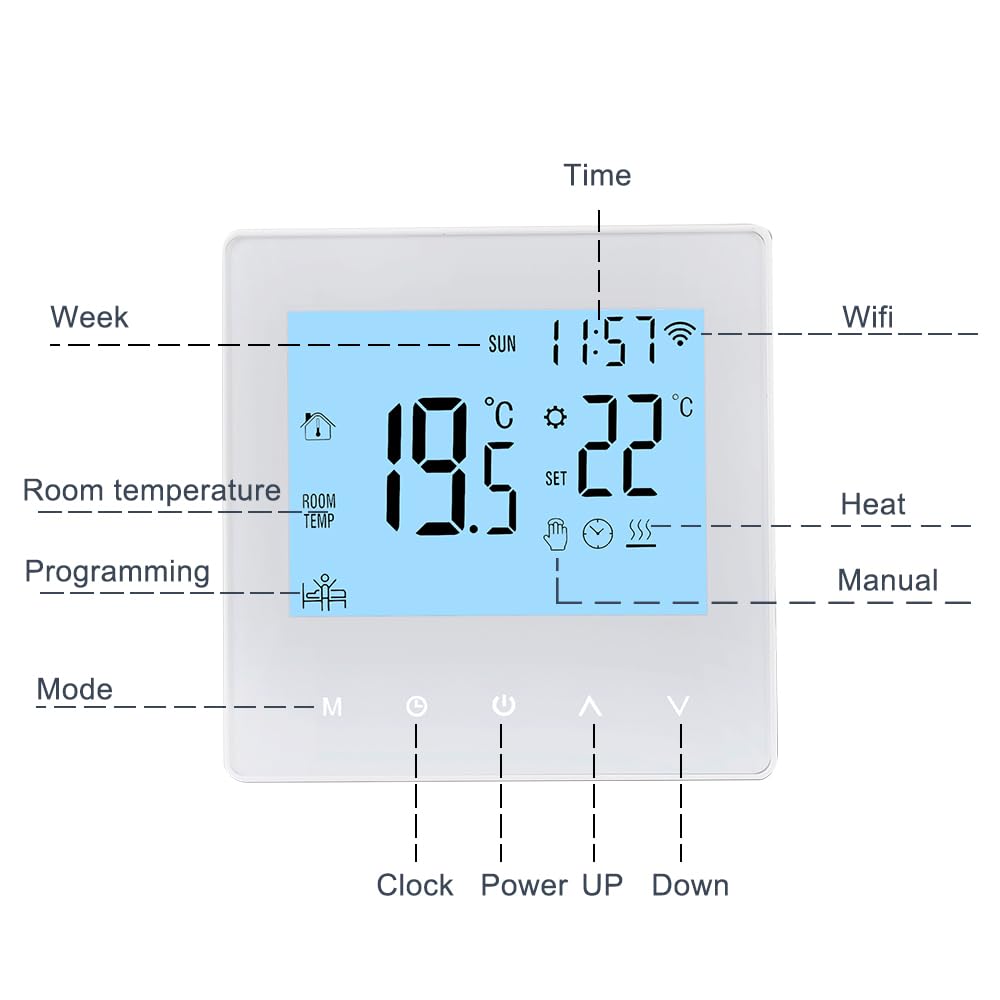 Decdeal WLAN-Thermostat für Wasser-Fußbodenheizung, programmierbar, 230 V, LCD-Display, 3 A, kompatibel mit Tuya-App (Weiß)