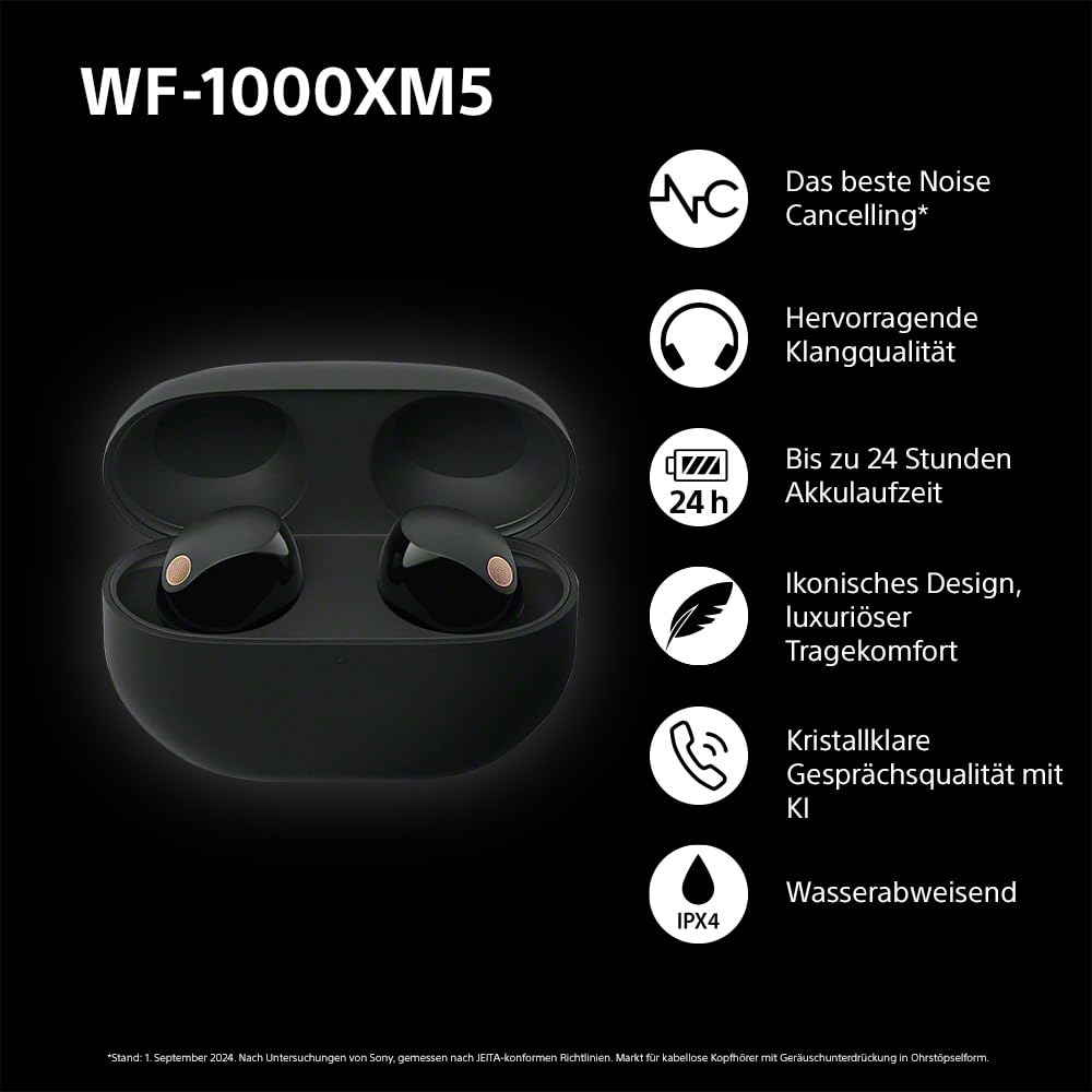 Sony WF-1000XM5 kabellose Noise-Cancelling-Kopfhörer Bluetooth, In-Ear-Kopfhörer mit Mikrofon, bis zu 24 Stunden Akkulaufzeit, Schnellladefunktion, IPX4-Schutz, kompatibel mit iOS & Android – Farbe: Schwarz, Größe: Small.
