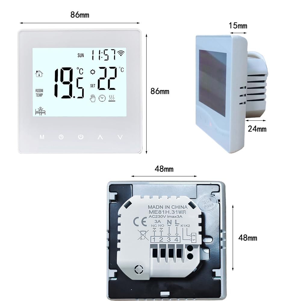 Decdeal WLAN-Thermostat für Wasser-Fußbodenheizung, programmierbar, 230 V, LCD-Display, 3 A, kompatibel mit Tuya-App (Weiß)