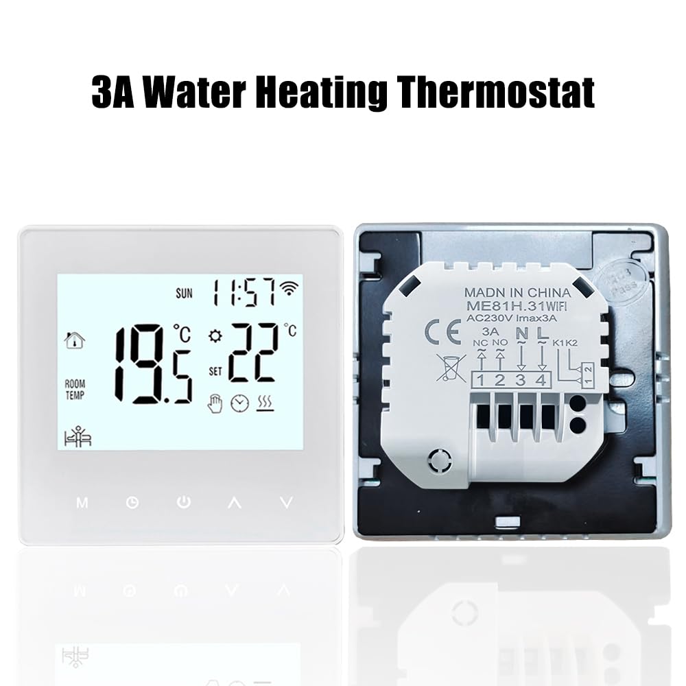 Decdeal WLAN-Thermostat für Wasser-Fußbodenheizung, programmierbar, 230 V, LCD-Display, 3 A, kompatibel mit Tuya-App (Weiß)