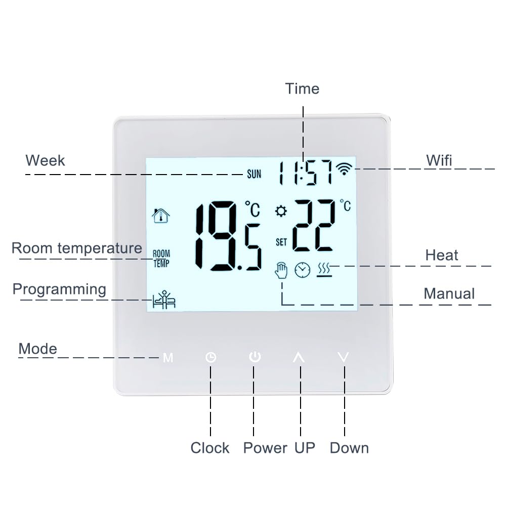 Decdeal WLAN-Thermostat für Wasser-Fußbodenheizung, programmierbar, 230 V, LCD-Display, 3 A, kompatibel mit Tuya-App (Weiß)