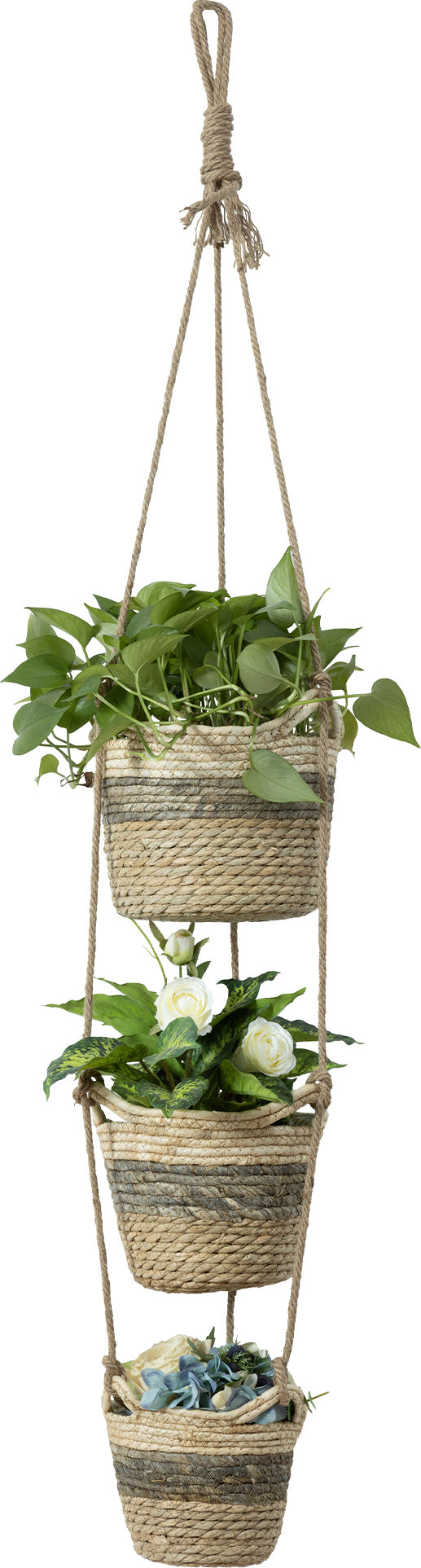 Navaris Seegras Korb Übertopf Set - 3 Größen (S/M/L) mit Jute Seil zum Aufhängen - Blumentopf Boho Stil - Blumenübertopf geflochten - Korb
