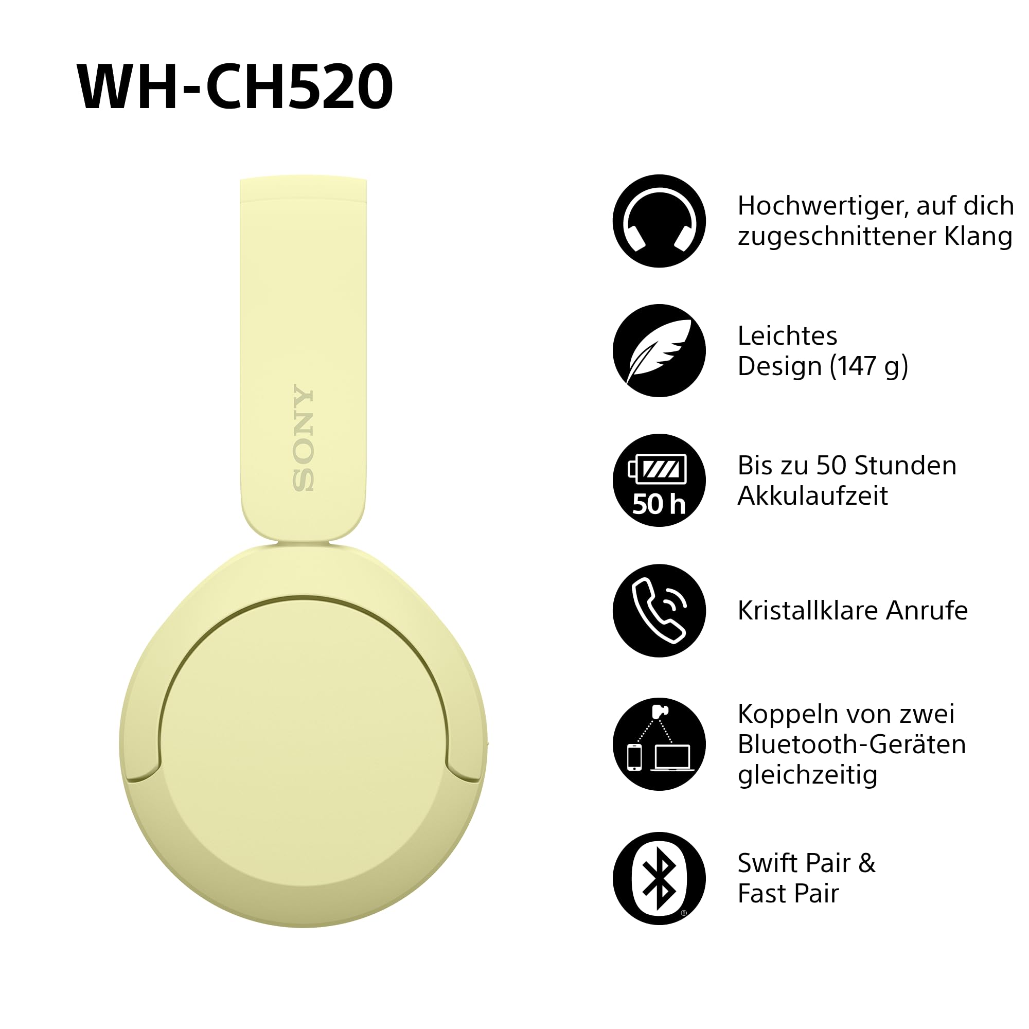 Sony WH-CH520 kabellose Bluetooth-On-Ear-Kopfhörer Hohe Klangqualität, leichtes Design, bis zu 50 Stunden Akkulaufzeit, Schnellladefunktion, EQ, klare Gesprächsqualität, kompatibel mit iOS & Android – Farbe: Beige.