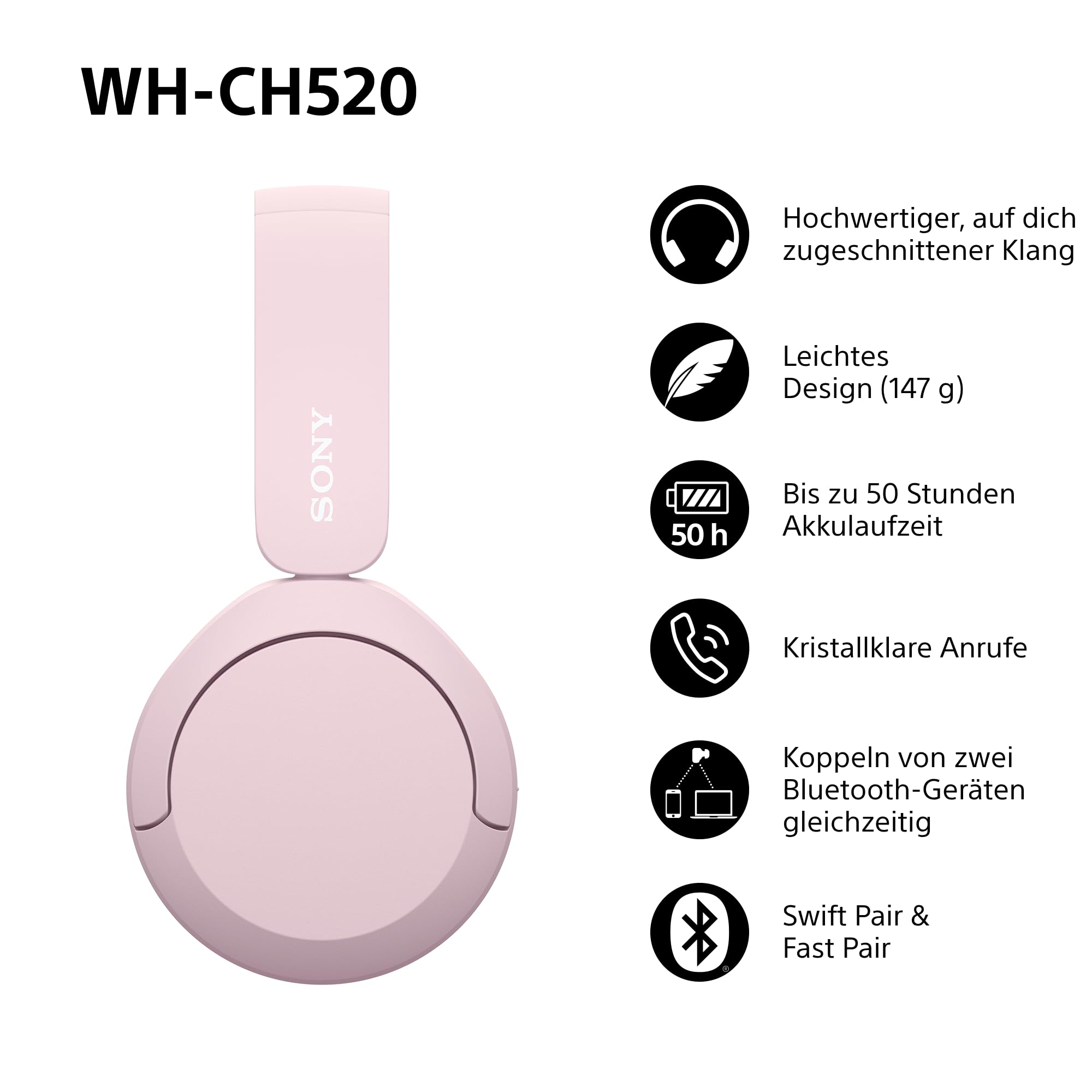 Sony WH-CH520 kabellose Bluetooth-On-Ear-Kopfhörer Hohe Klangqualität, leichtes Design, bis zu 50 Stunden Akkulaufzeit, Schnellladefunktion, EQ, klare Gesprächsqualität, kompatibel mit iOS & Android – Farbe: Beige.