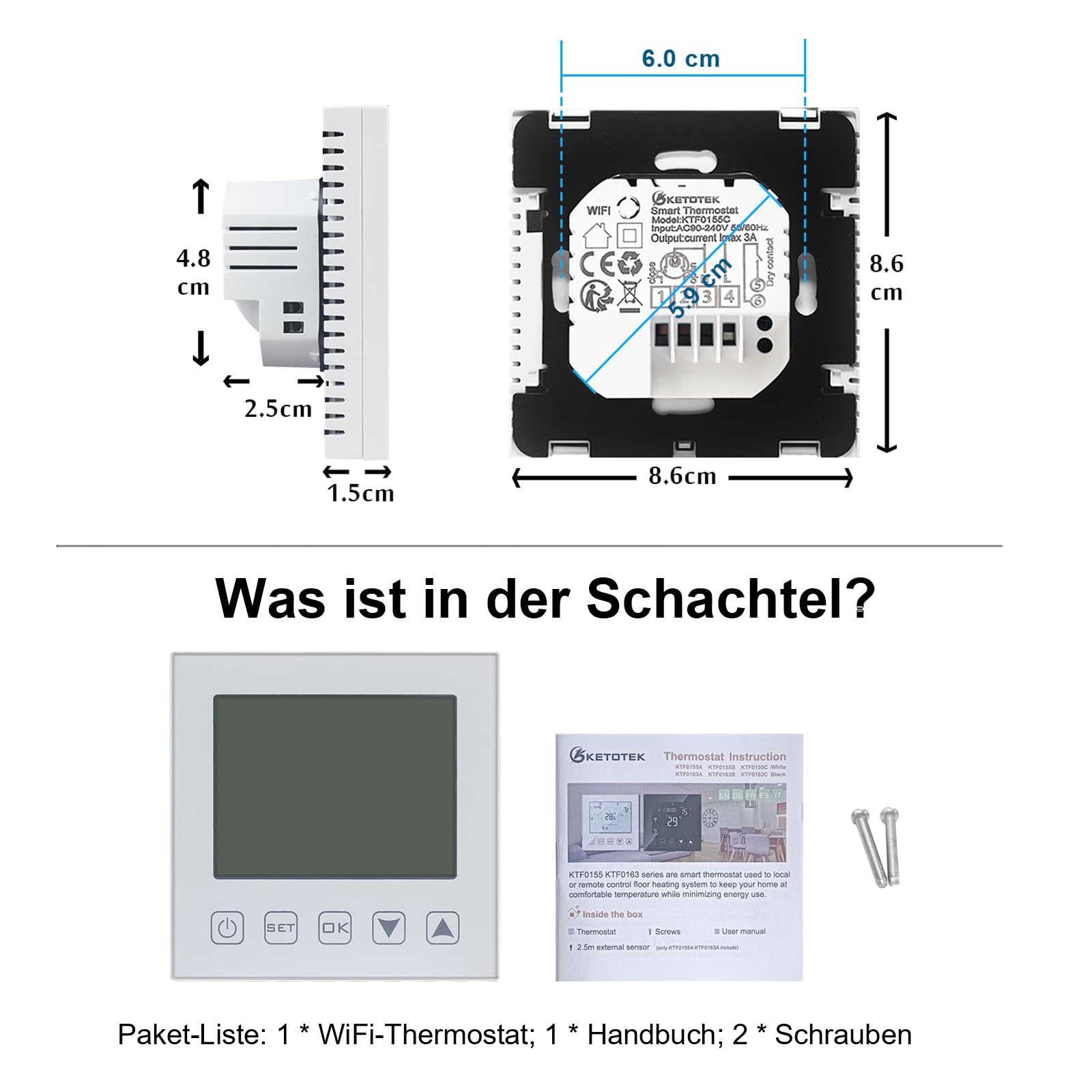 KETOTEK WLAN-Thermostat – kompatibel mit Alexa Echo / Google Home – IFTTT und Tuya – programmierbares Raumthermostat mit Sprach- und App-Steuerung