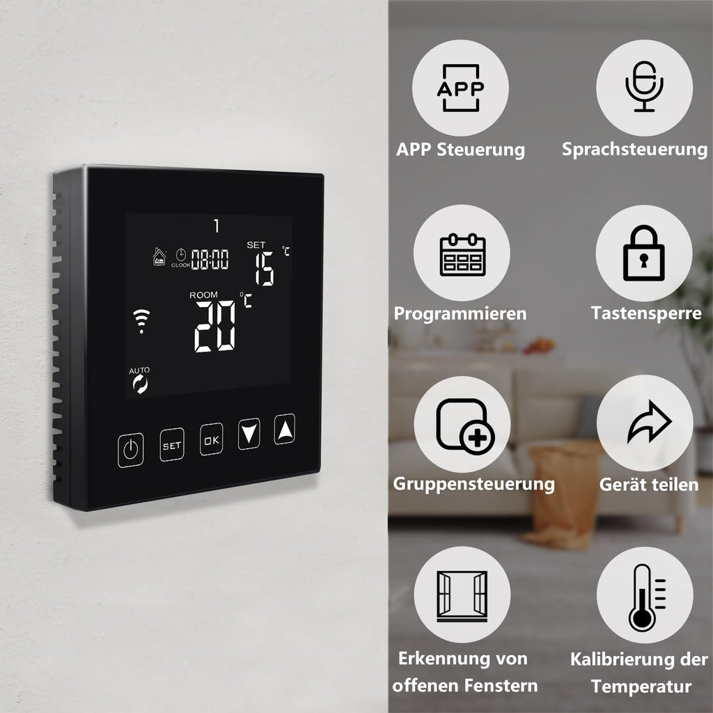 KETOTEK WLAN-Thermostat – kompatibel mit Alexa Echo / Google Home – IFTTT und Tuya – programmierbares Raumthermostat mit Sprach- und App-Steuerung
