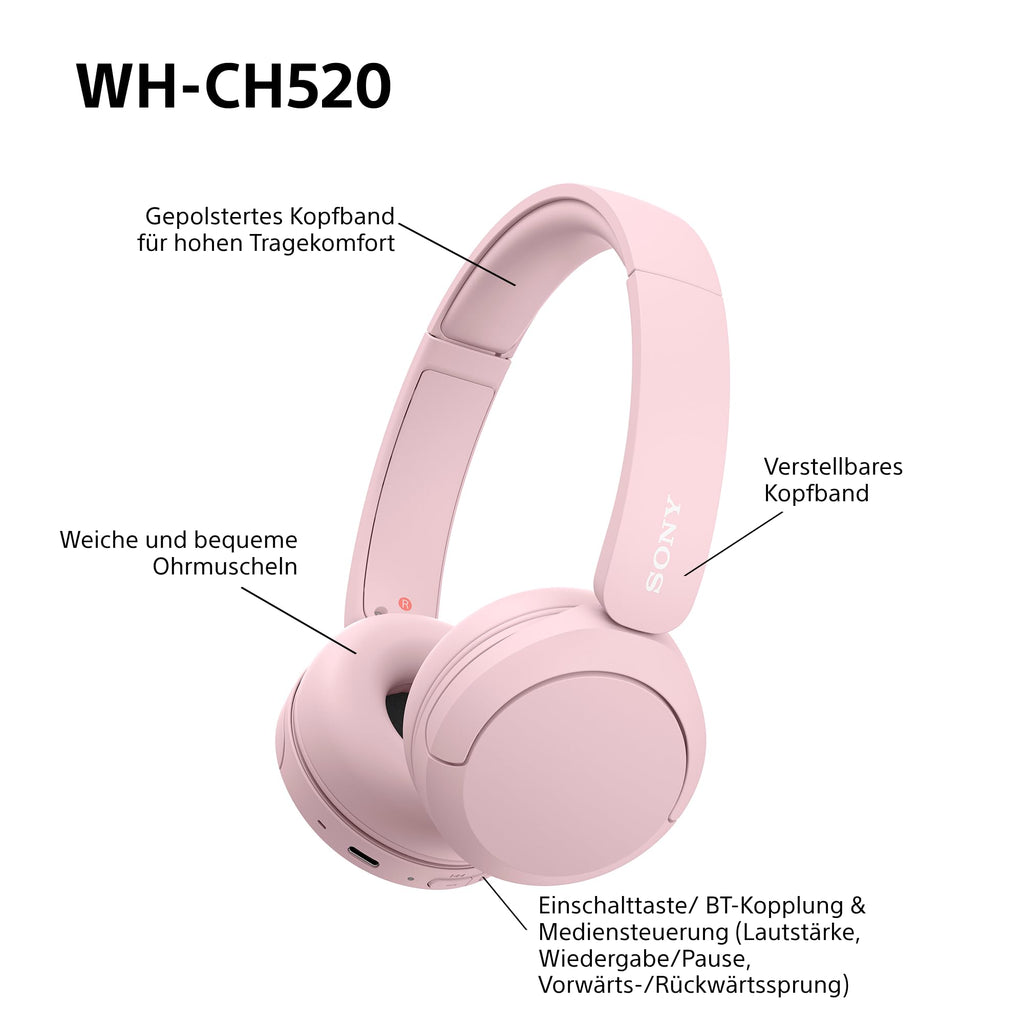 Sony WH-CH520 kabellose Bluetooth-On-Ear-Kopfhörer Hohe Klangqualität, leichtes Design, bis zu 50 Stunden Akkulaufzeit, Schnellladefunktion, EQ, klare Gesprächsqualität, kompatibel mit iOS & Android – Farbe: Beige.