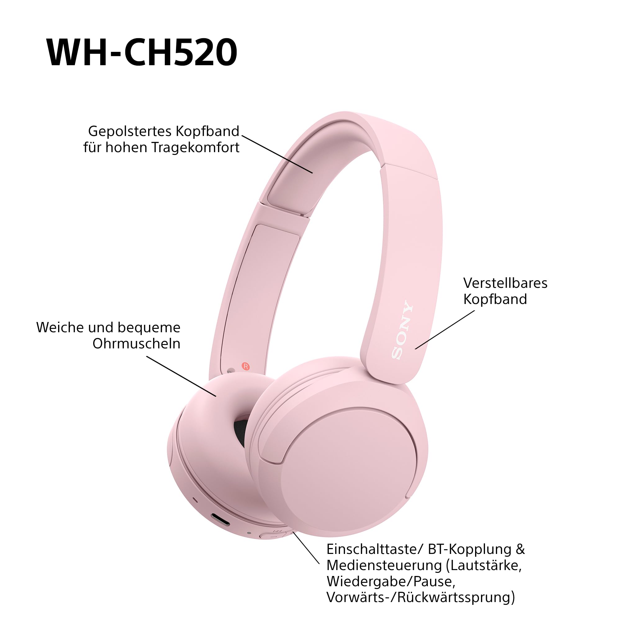 Sony WH-CH520 kabellose Bluetooth-On-Ear-Kopfhörer Hohe Klangqualität, leichtes Design, bis zu 50 Stunden Akkulaufzeit, Schnellladefunktion, EQ, klare Gesprächsqualität, kompatibel mit iOS & Android – Farbe: Beige.