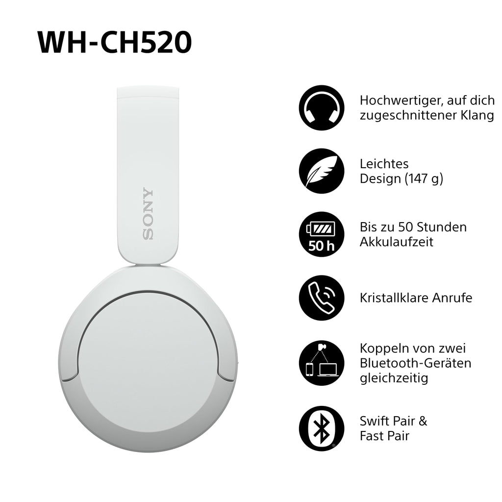 Sony WH-CH520 kabellose Bluetooth-On-Ear-Kopfhörer Hohe Klangqualität, leichtes Design, bis zu 50 Stunden Akkulaufzeit, Schnellladefunktion, EQ, klare Gesprächsqualität, kompatibel mit iOS & Android – Farbe: Beige.