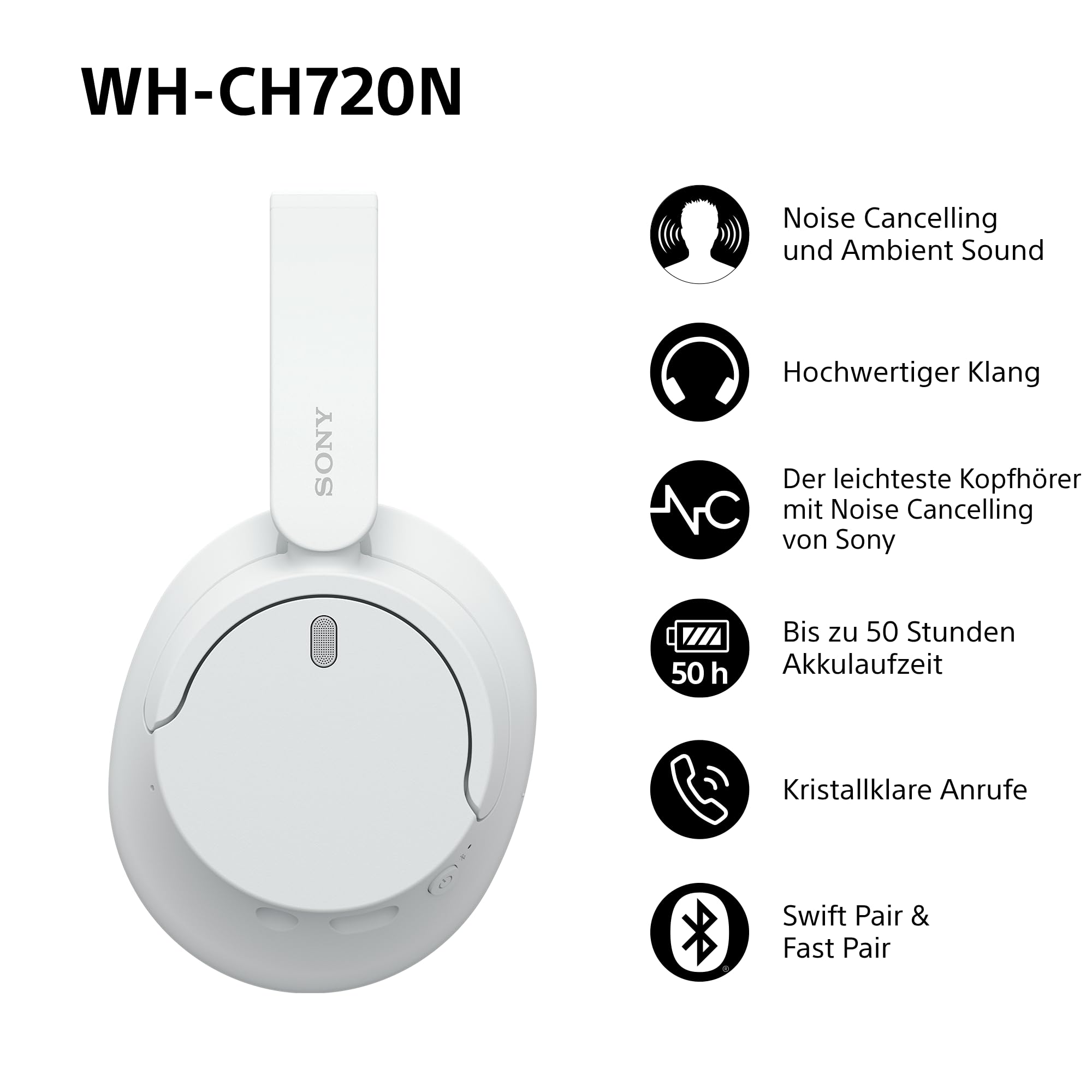 Sony WH-CH720N kabellose Bluetooth-Kopfhörer Mit Geräuschunterdrückung, bis zu 35 Stunden Akkulaufzeit und Schnellladefunktion, Farbe: Schwarz.