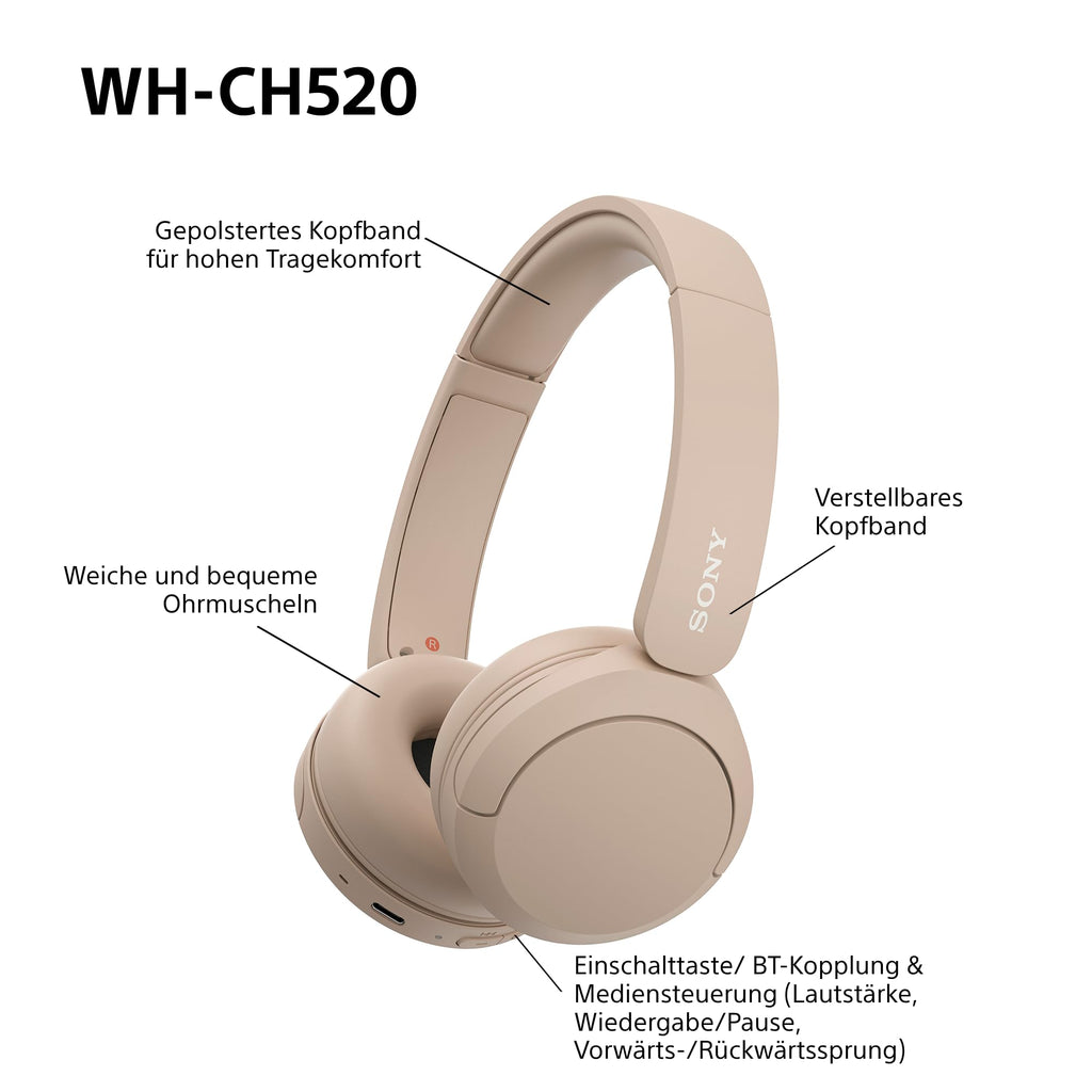 Sony WH-CH520 kabellose Bluetooth-On-Ear-Kopfhörer Hohe Klangqualität, leichtes Design, bis zu 50 Stunden Akkulaufzeit, Schnellladefunktion, EQ, klare Gesprächsqualität, kompatibel mit iOS & Android – Farbe: Beige.