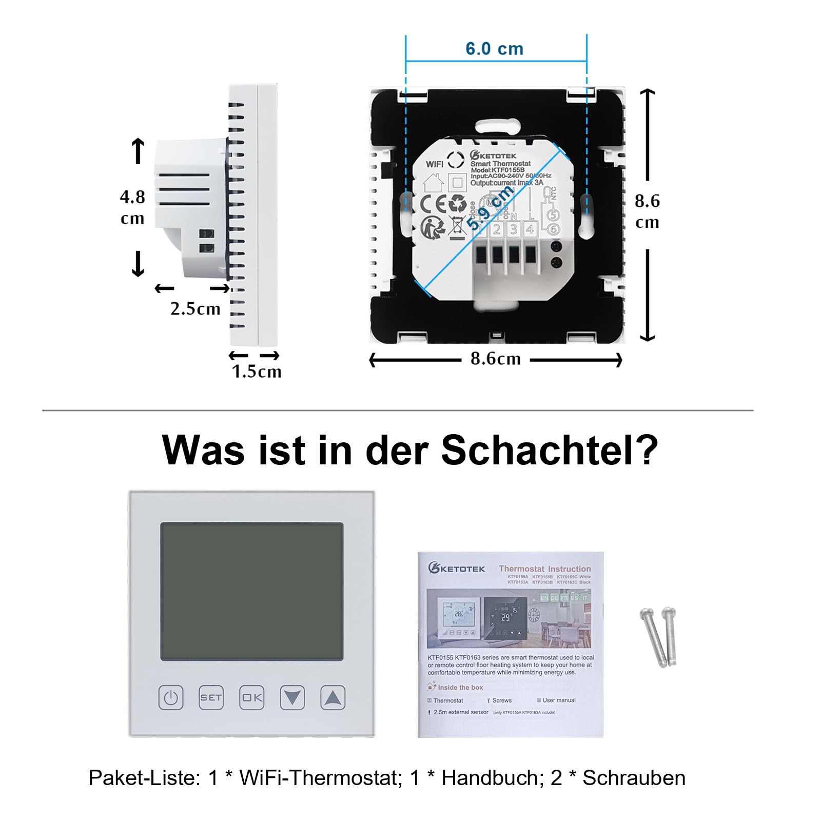 KETOTEK WLAN-Thermostat – kompatibel mit Alexa Echo / Google Home – IFTTT und Tuya – programmierbares Raumthermostat mit Sprach- und App-Steuerung
