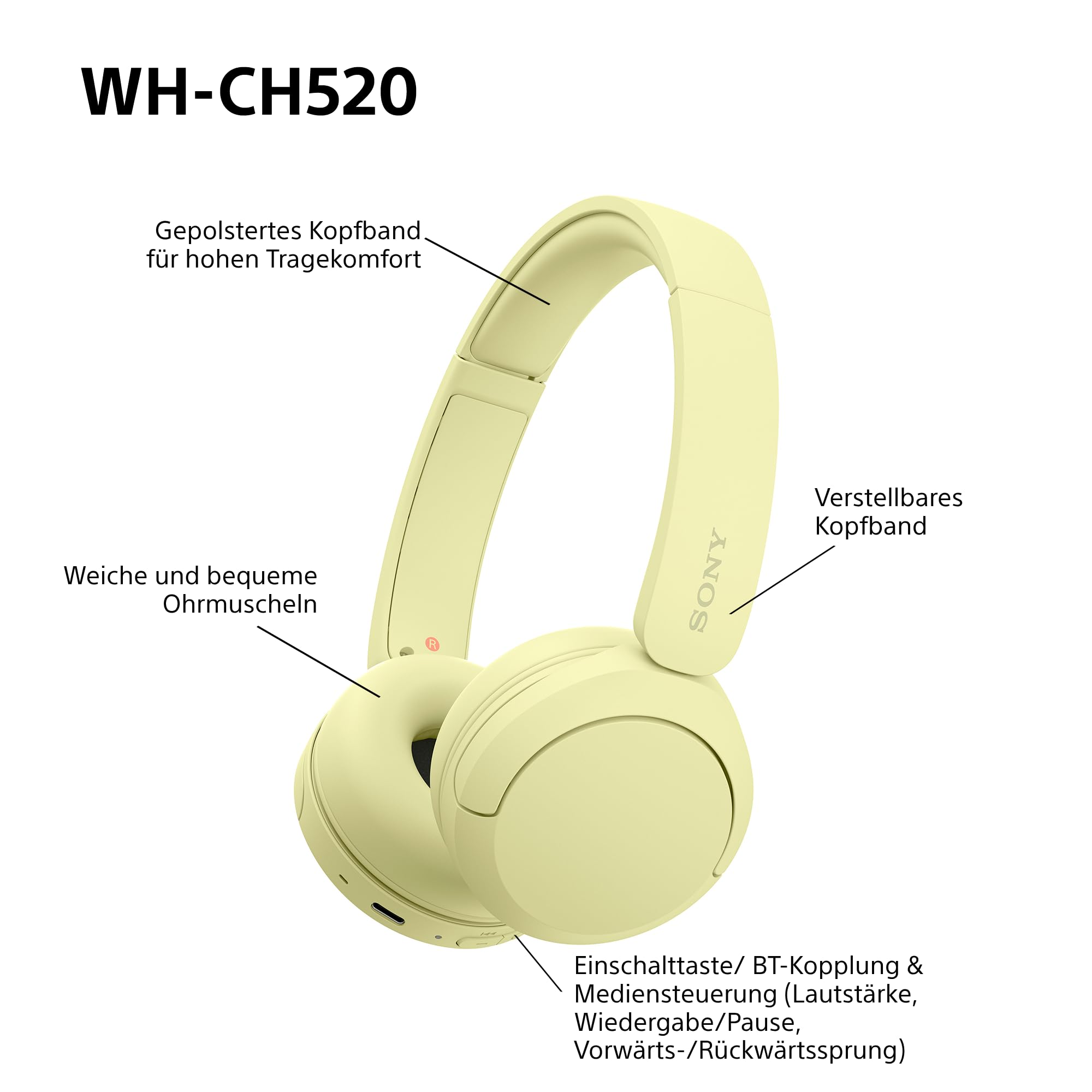Sony WH-CH520 kabellose Bluetooth-On-Ear-Kopfhörer Hohe Klangqualität, leichtes Design, bis zu 50 Stunden Akkulaufzeit, Schnellladefunktion, EQ, klare Gesprächsqualität, kompatibel mit iOS & Android – Farbe: Beige.