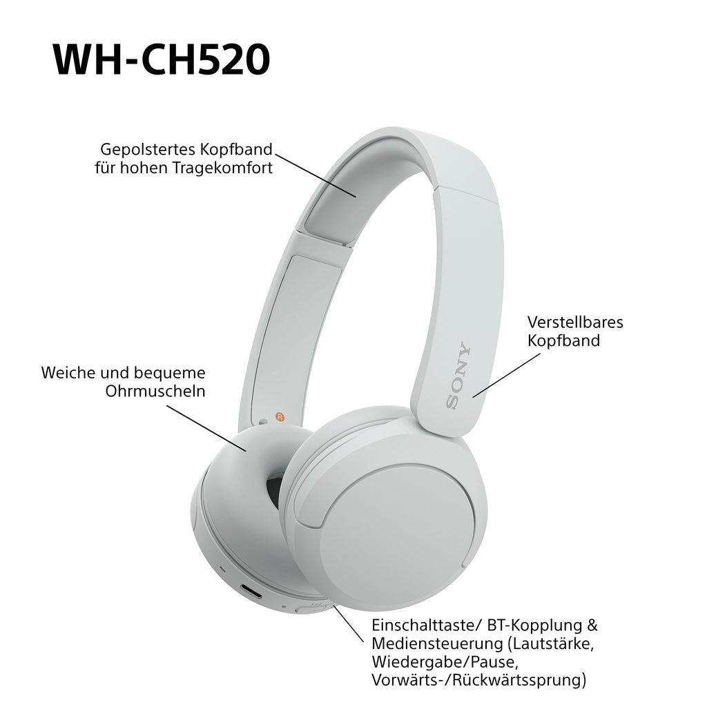 Sony WH-CH520 kabellose Bluetooth-On-Ear-Kopfhörer Hohe Klangqualität, leichtes Design, bis zu 50 Stunden Akkulaufzeit, Schnellladefunktion, EQ, klare Gesprächsqualität, kompatibel mit iOS & Android – Farbe: Beige.