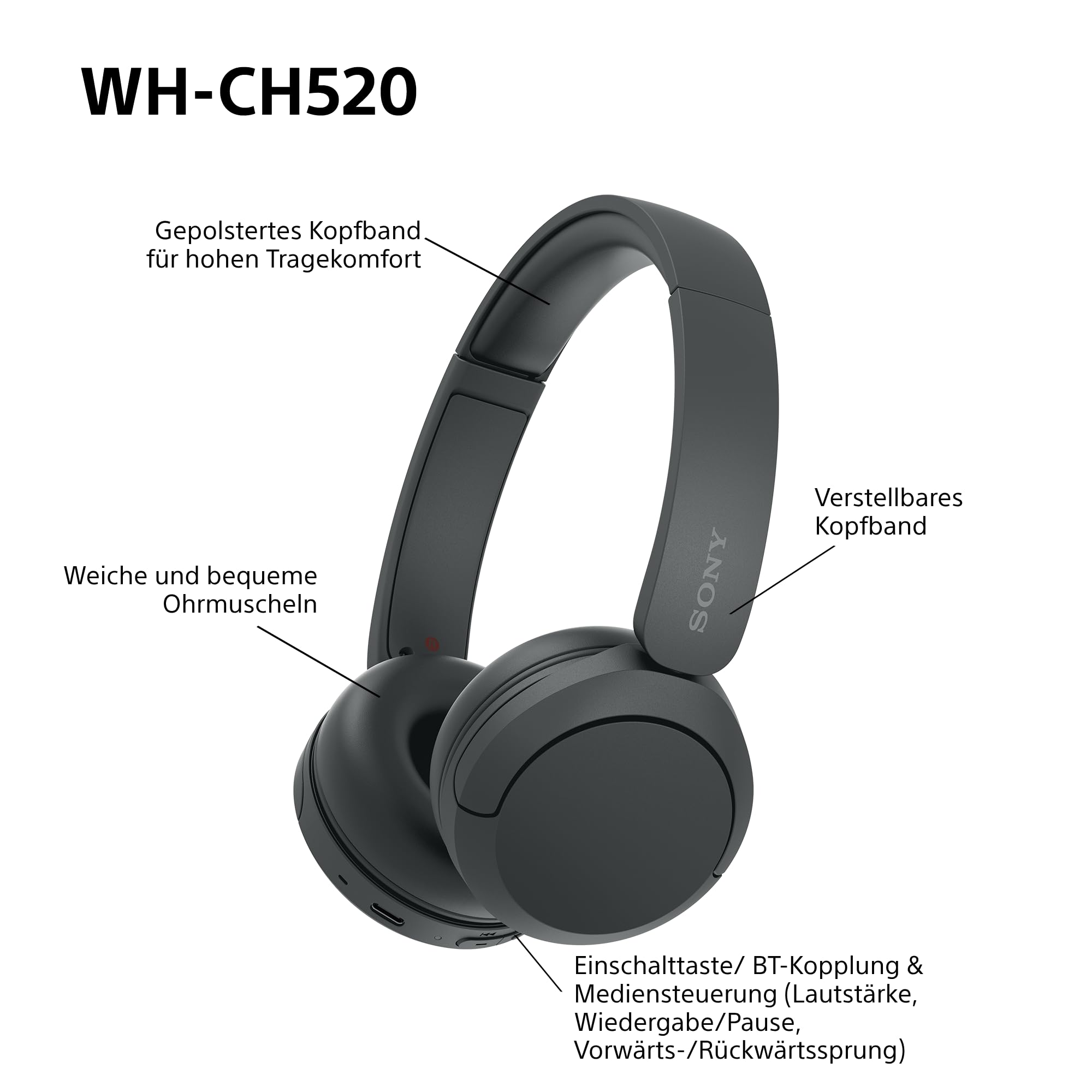 Sony WH-CH520 kabellose Bluetooth-On-Ear-Kopfhörer Hohe Klangqualität, leichtes Design, bis zu 50 Stunden Akkulaufzeit, Schnellladefunktion, EQ, klare Gesprächsqualität, kompatibel mit iOS & Android – Farbe: Beige.