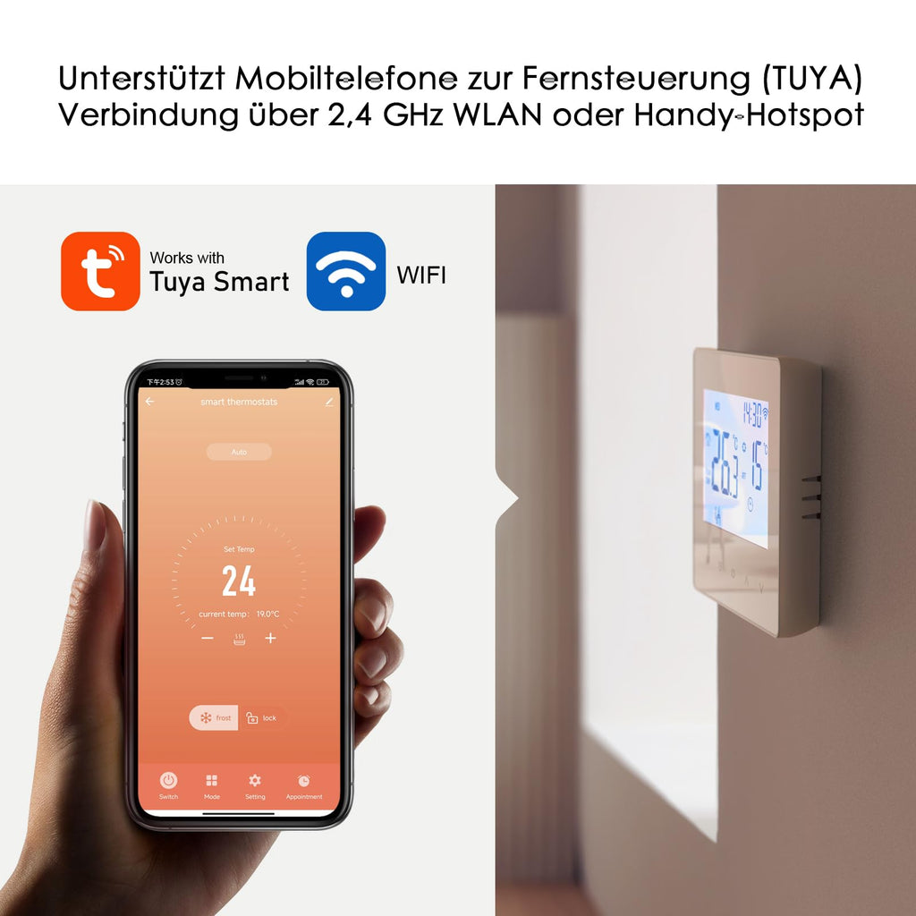 Decdeal WLAN-Thermostat für Wasser-Fußbodenheizung, programmierbar, 230 V, LCD-Display, 3 A, kompatibel mit Tuya-App (Weiß)