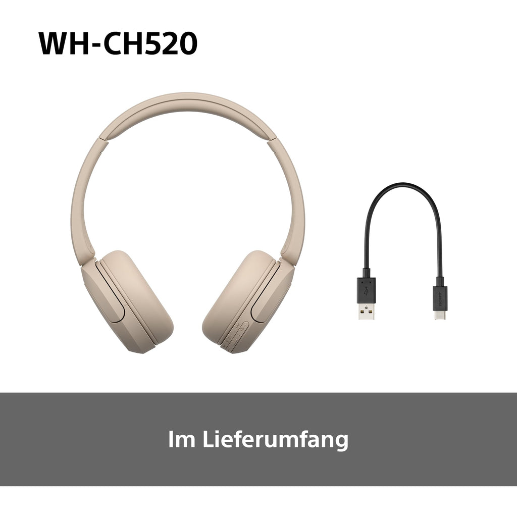 Sony WH-CH520 kabellose Bluetooth-On-Ear-Kopfhörer Hohe Klangqualität, leichtes Design, bis zu 50 Stunden Akkulaufzeit, Schnellladefunktion, EQ, klare Gesprächsqualität, kompatibel mit iOS & Android – Farbe: Beige.