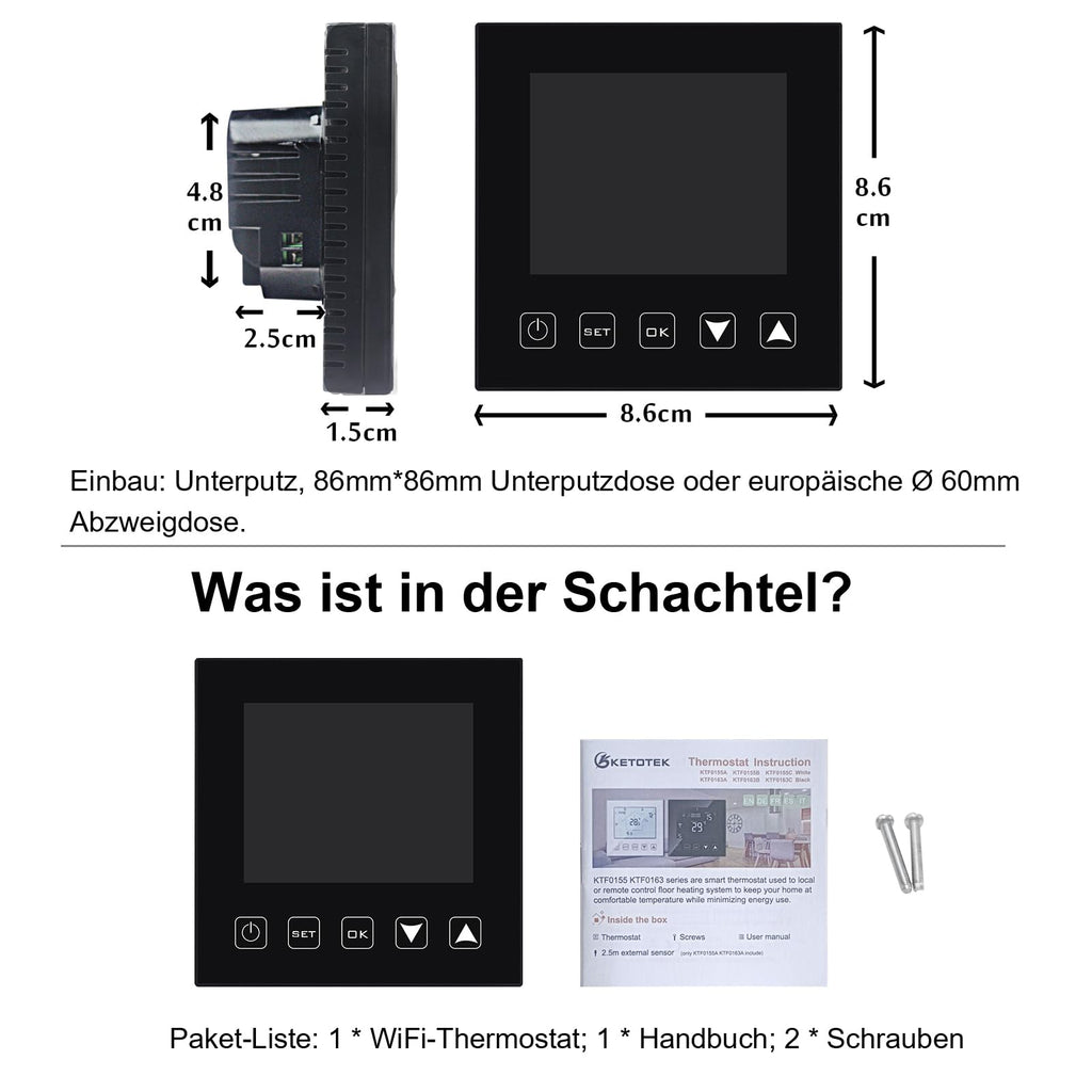 KETOTEK WLAN-Thermostat – kompatibel mit Alexa Echo / Google Home – IFTTT und Tuya – programmierbares Raumthermostat mit Sprach- und App-Steuerung