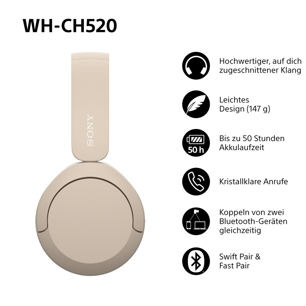 Sony WH-CH520 kabellose Bluetooth-On-Ear-Kopfhörer Hohe Klangqualität, leichtes Design, bis zu 50 Stunden Akkulaufzeit, Schnellladefunktion, EQ, klare Gesprächsqualität, kompatibel mit iOS & Android – Farbe: Beige.